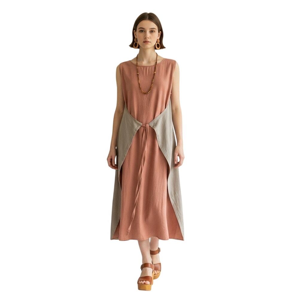 LA LOU Kalalou Lagenlook Dble Sided Tie OSFM Sienna Mocha Linen Blend Maxi Dress